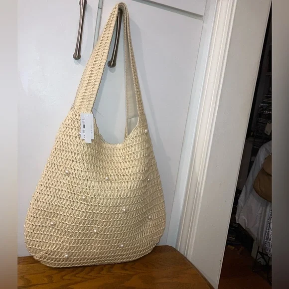 Woven Shoulder Bag with Pearl Accents- Tan NWT - Picture 3 of 6